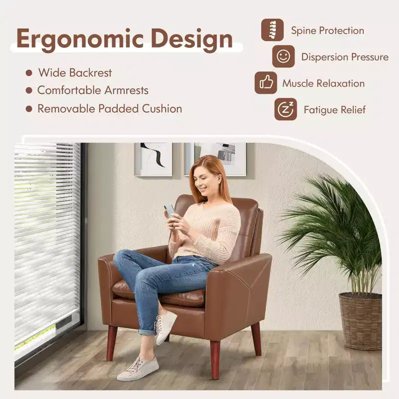 Costway Modern Accent Chair PU Leather Armchair Sofa Chair with Solid Wood Legs