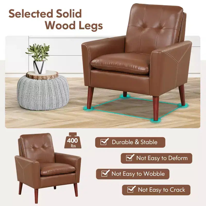 Costway Modern Accent Chair PU Leather Armchair Sofa Chair with Solid Wood Legs
