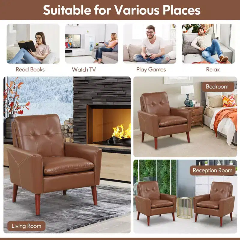 Costway Modern Accent Chair PU Leather Armchair Sofa Chair with Solid Wood Legs
