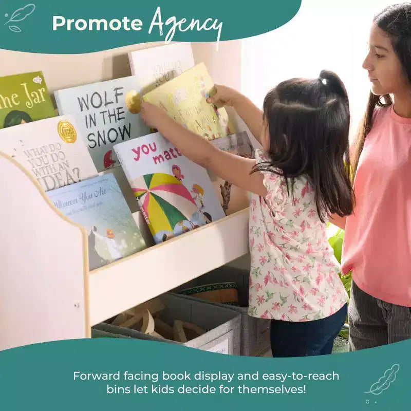 Guidecraft EdQ Book and Bin Browser: Wooden Bookcase with Tiered Shelves and Cubbies, Toddler Playroom Furniture and Cube Organizer