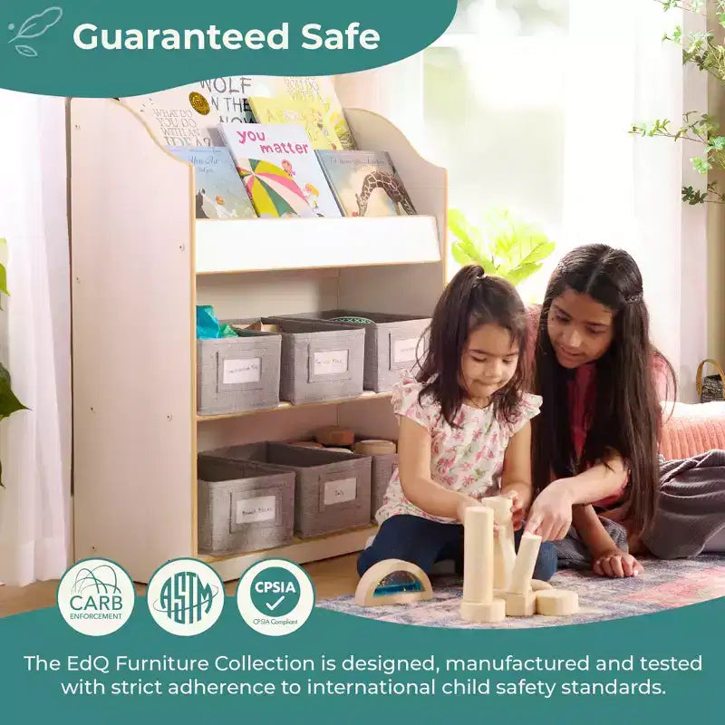 Guidecraft EdQ Book and Bin Browser: Wooden Bookcase with Tiered Shelves and Cubbies, Toddler Playroom Furniture and Cube Organizer