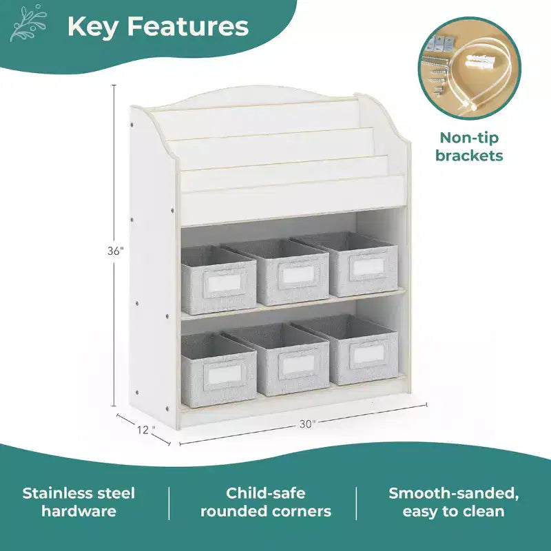 Guidecraft EdQ Book and Bin Browser: Wooden Bookcase with Tiered Shelves and Cubbies, Toddler Playroom Furniture and Cube Organizer