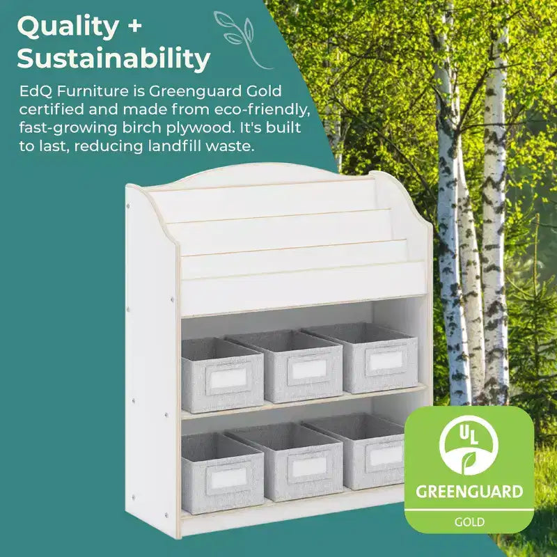 Guidecraft EdQ Book and Bin Browser: Wooden Bookcase with Tiered Shelves and Cubbies, Toddler Playroom Furniture and Cube Organizer