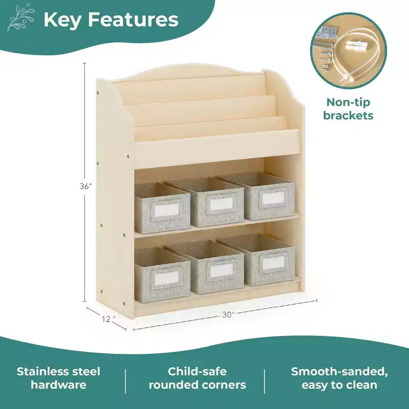 Guidecraft EdQ Book and Bin Browser: Wooden Bookcase with Tiered Shelves and Cubbies, Toddler Playroom Furniture and Cube Organizer