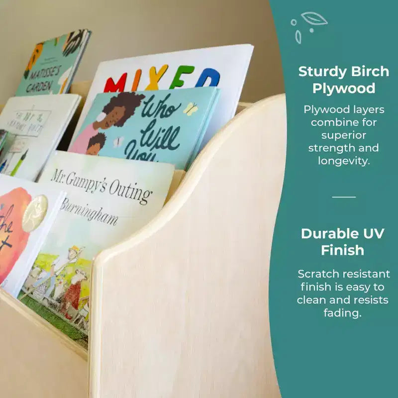 Guidecraft EdQ Book and Bin Browser: Wooden Bookcase with Tiered Shelves and Cubbies, Toddler Playroom Furniture and Cube Organizer