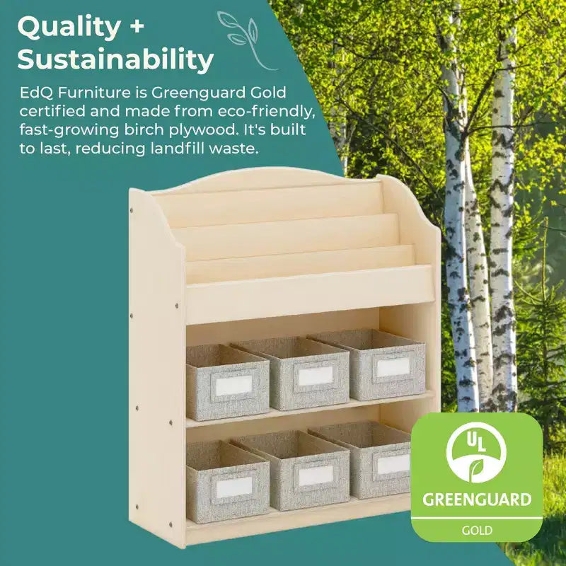 Guidecraft EdQ Book and Bin Browser: Wooden Bookcase with Tiered Shelves and Cubbies, Toddler Playroom Furniture and Cube Organizer