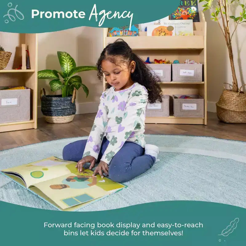 Guidecraft EdQ Book and Bin Browser: Wooden Bookcase with Tiered Shelves and Cubbies, Toddler Playroom Furniture and Cube Organizer