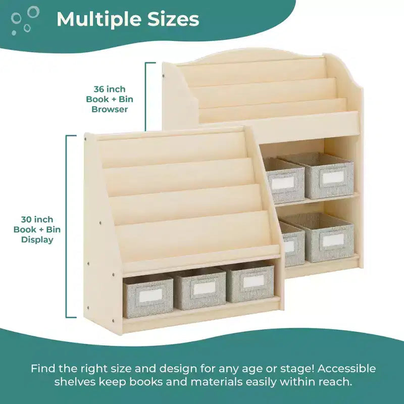 Guidecraft EdQ Book and Bin Browser: Wooden Bookcase with Tiered Shelves and Cubbies, Toddler Playroom Furniture and Cube Organizer