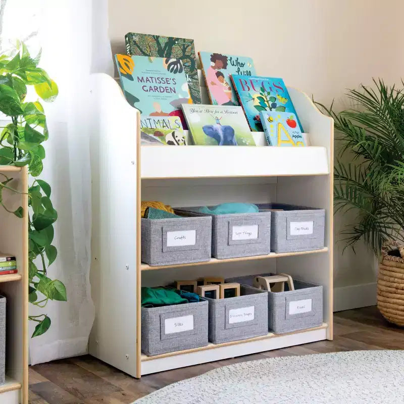 Guidecraft EdQ Book and Bin Browser: Wooden Bookcase with Tiered Shelves and Cubbies, Toddler Playroom Furniture and Cube Organizer