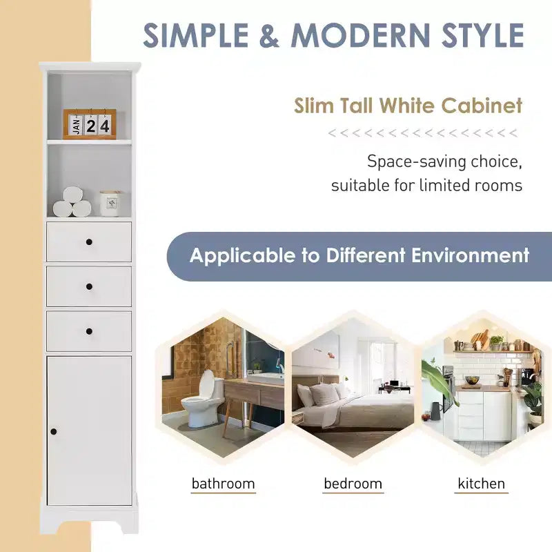 Tall Bathroom Cabinet with 3 Drawers and Adjustable Shelves - ModernLuxe