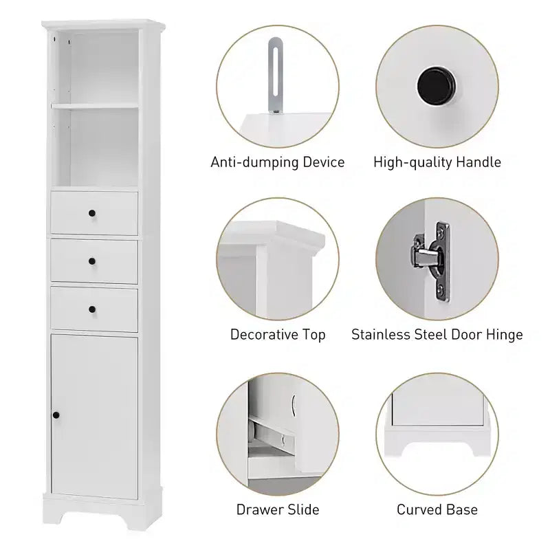 Tall Bathroom Cabinet with 3 Drawers and Adjustable Shelves - ModernLuxe