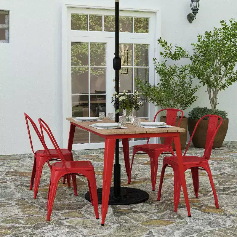 Merrick Lane Indoor/Outdoor Dining Table with Umbrella Hole, 30 x 60 All Weather Poly Resin Top and Steel Base