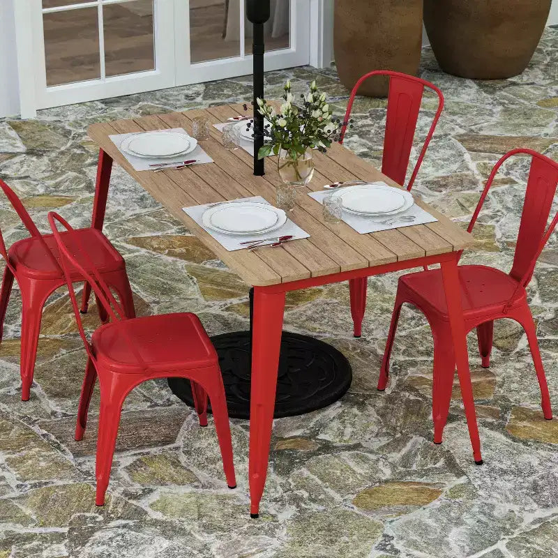 Merrick Lane Indoor/Outdoor Dining Table with Umbrella Hole, 30 x 60 All Weather Poly Resin Top and Steel Base
