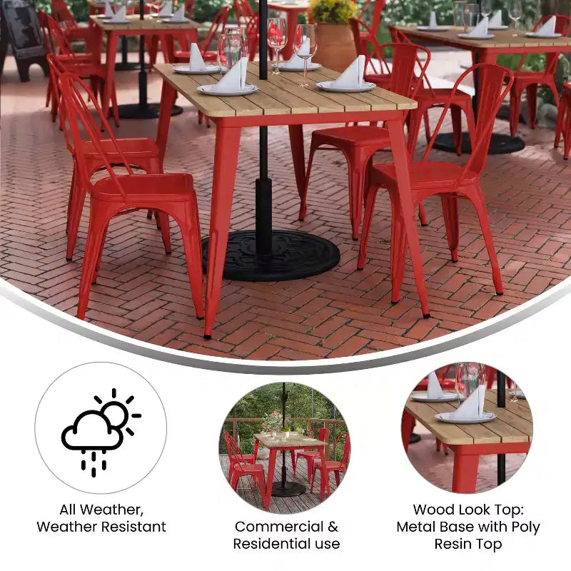 Merrick Lane Indoor/Outdoor Dining Table with Umbrella Hole, 30 x 60 All Weather Poly Resin Top and Steel Base
