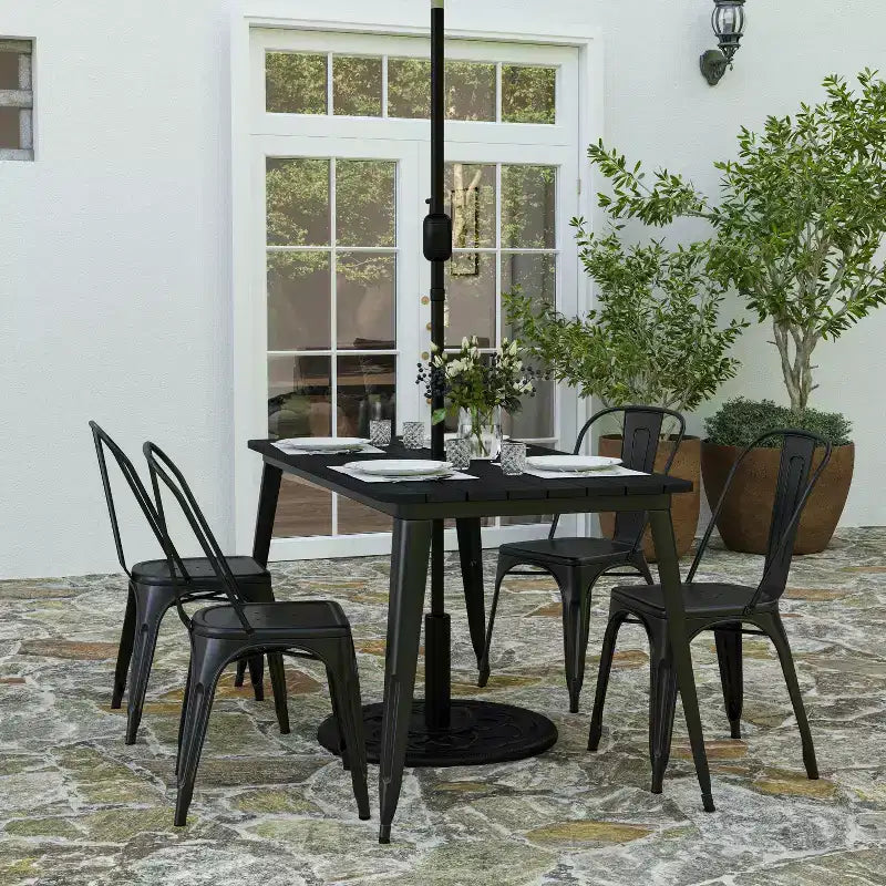 Merrick Lane Indoor/Outdoor Dining Table with Umbrella Hole, 30 x 60 All Weather Poly Resin Top and Steel Base