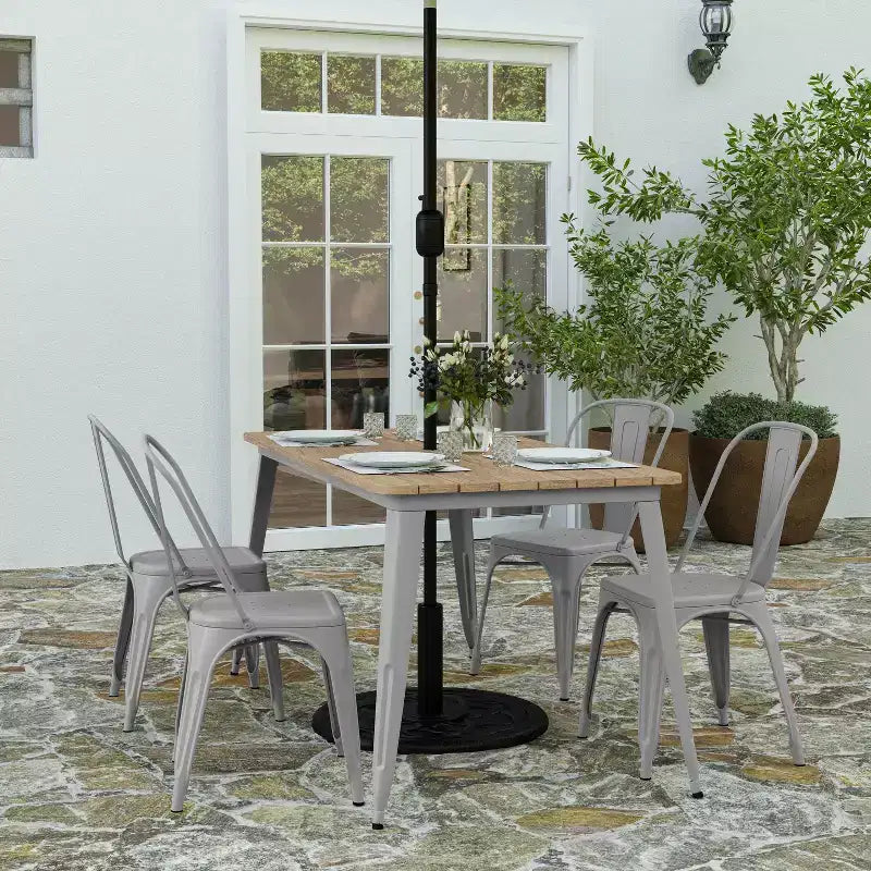 Merrick Lane Indoor/Outdoor Dining Table with Umbrella Hole, 30 x 60 All Weather Poly Resin Top and Steel Base