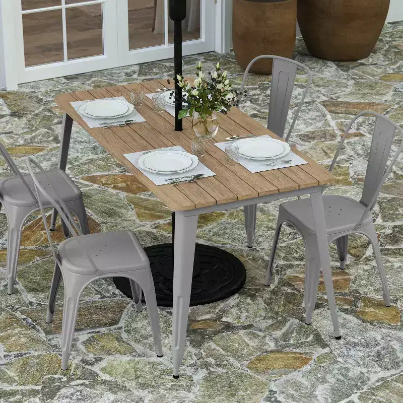 Merrick Lane Indoor/Outdoor Dining Table with Umbrella Hole, 30 x 60 All Weather Poly Resin Top and Steel Base