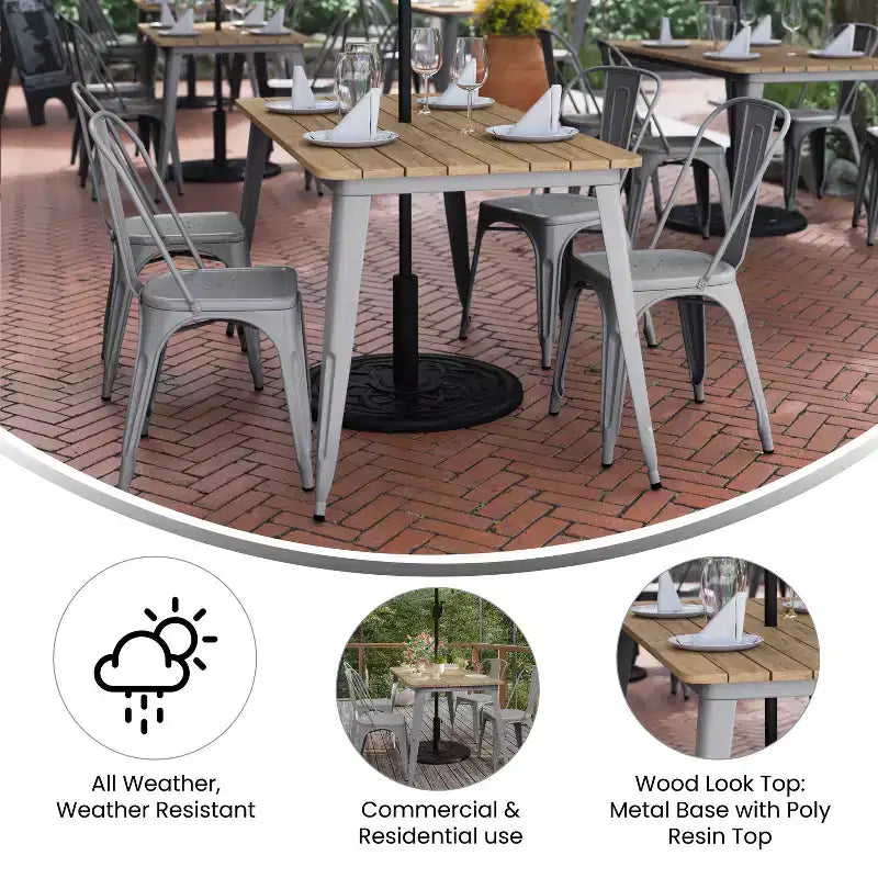 Merrick Lane Indoor/Outdoor Dining Table with Umbrella Hole, 30 x 60 All Weather Poly Resin Top and Steel Base