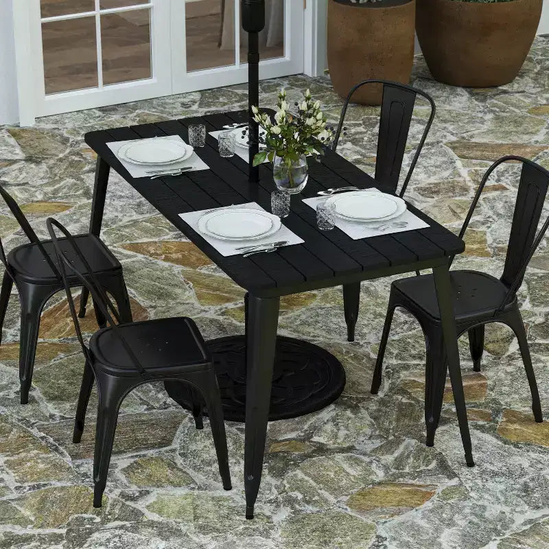 Merrick Lane Indoor/Outdoor Dining Table with Umbrella Hole, 30 x 60 All Weather Poly Resin Top and Steel Base