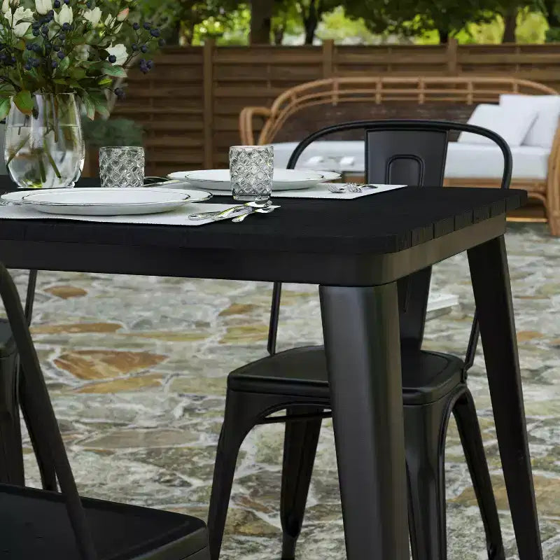 Merrick Lane Indoor/Outdoor Dining Table with Umbrella Hole, 30 x 60 All Weather Poly Resin Top and Steel Base