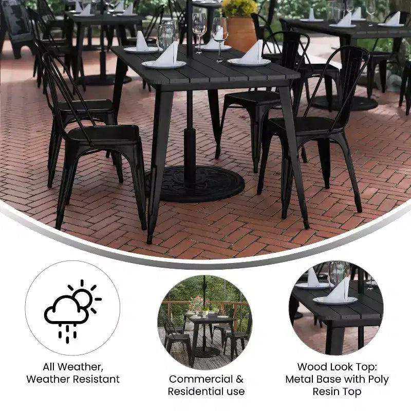 Merrick Lane Indoor/Outdoor Dining Table with Umbrella Hole, 30 x 60 All Weather Poly Resin Top and Steel Base