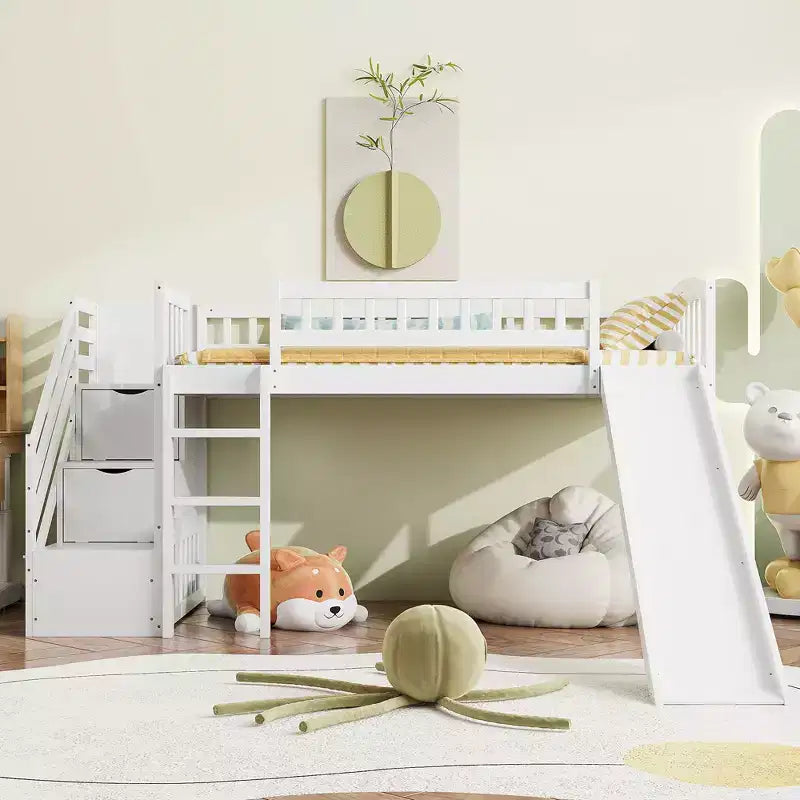 Twin Size Loft Bed with Two Drawers and Slides - ModernLuxe