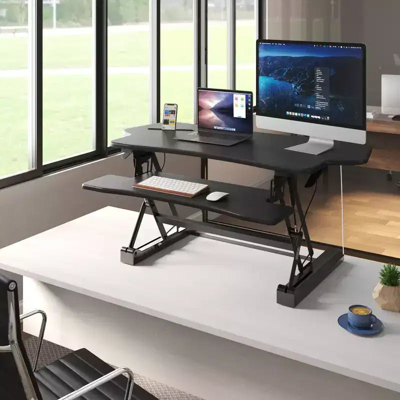 Mount-It! Height Adjustable Standing Desk Converter | 48 Wide Tabletop Sit Stand Desk Riser with Gas Spring | Stand Up Workstation Fits Dual Monitors