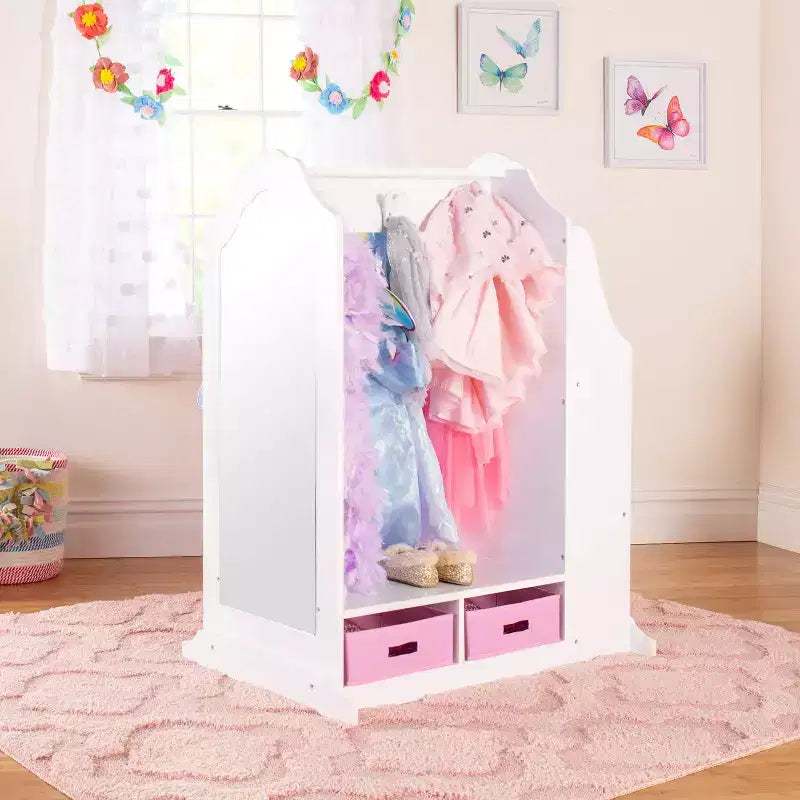 Guidecraft Kids' Dress Up Vanity- White: Children's Closet Organizer, Dress Up Armoire and Clothes Rack with Mirrors and Storage Bins