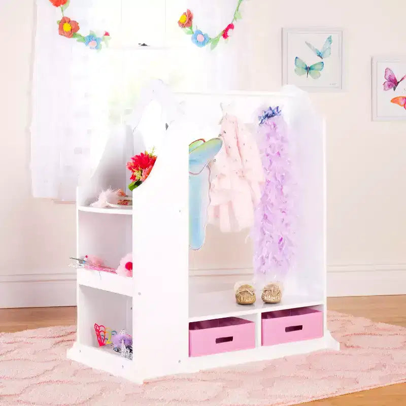 Guidecraft Kids' Dress Up Vanity- White: Children's Closet Organizer, Dress Up Armoire and Clothes Rack with Mirrors and Storage Bins