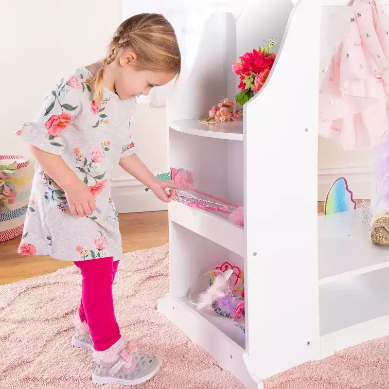 Guidecraft Kids' Dress Up Vanity- White: Children's Closet Organizer, Dress Up Armoire and Clothes Rack with Mirrors and Storage Bins