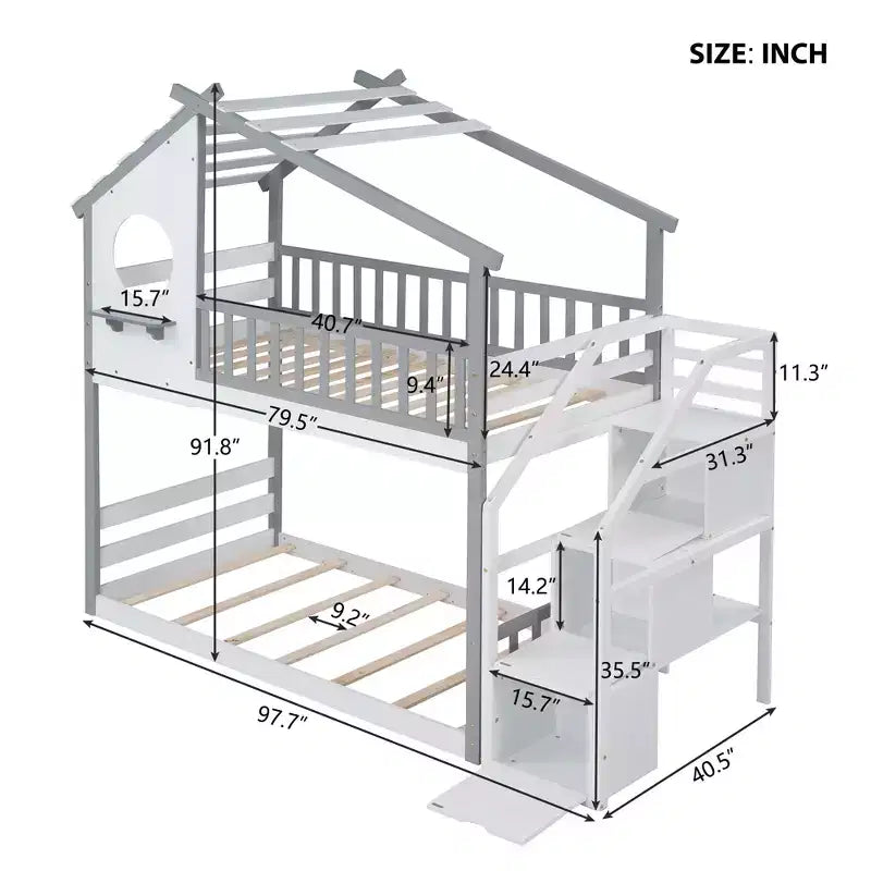 House Shape Twin-Over-Twin Double Bunk Bed with Storage Stairs - ModernLuxe