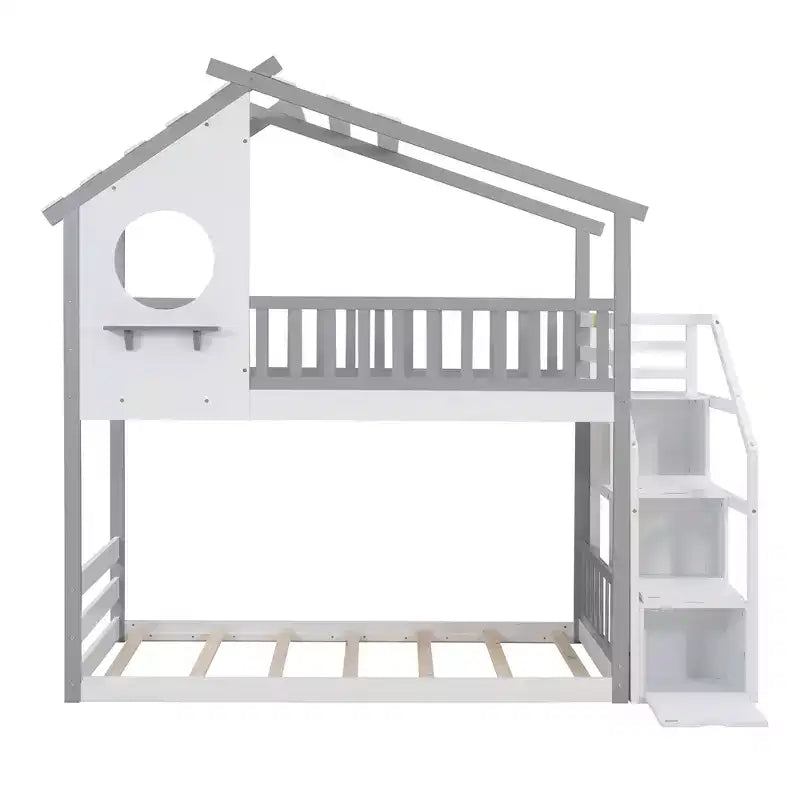House Shape Twin-Over-Twin Double Bunk Bed with Storage Stairs - ModernLuxe