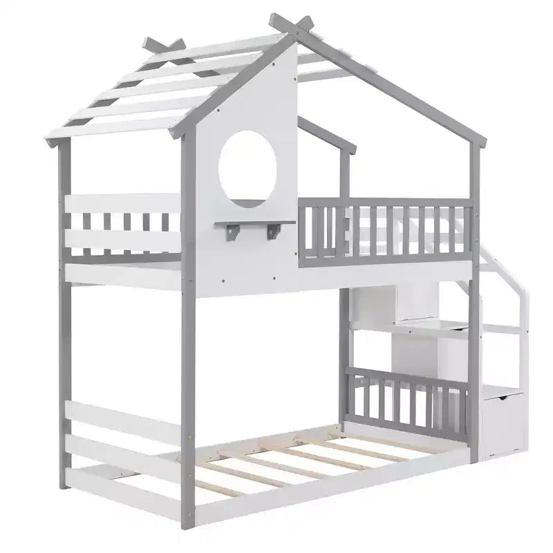House Shape Twin-Over-Twin Double Bunk Bed with Storage Stairs - ModernLuxe