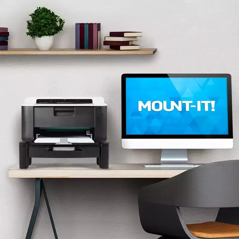Mount-It! Monitor Riser with Drawer | Height Adjustable Monitor Stand with Sliding Three-Row Storage | Riser for Computer Screen, Printer, or Laptop