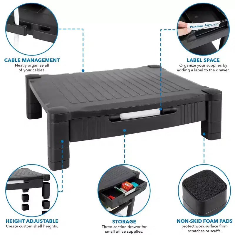 Mount-It! Monitor Riser with Drawer | Height Adjustable Monitor Stand with Sliding Three-Row Storage | Riser for Computer Screen, Printer, or Laptop
