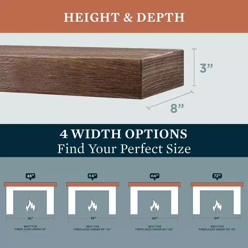 Modern Ember Vara Wood Mantel Shelf - Features Knots and Natural Distresssing