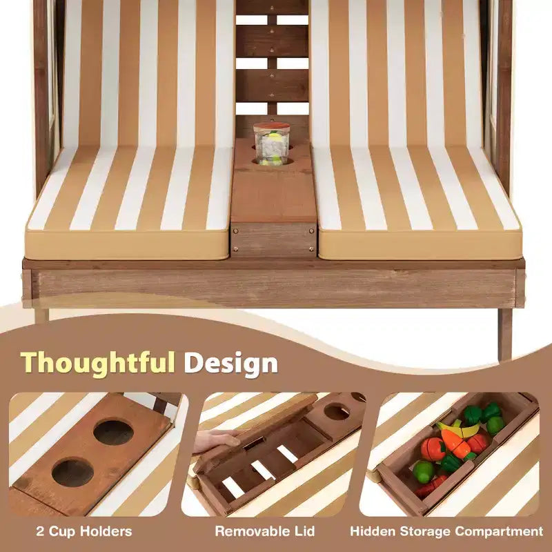 Chaise longue double pour enfants avec porte-gobelets et auvent Bleu/Coloré/Marron