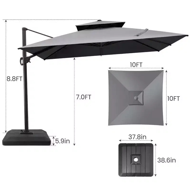 Parasol de terrasse déporté cantilever 360° à deux niveaux, de 3 mètres, avec base lestée