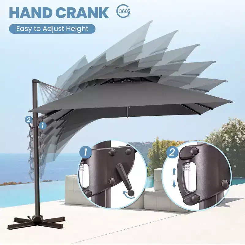 Parasol de terrasse déporté cantilever 360° à deux niveaux, de 3 mètres, avec base lestée