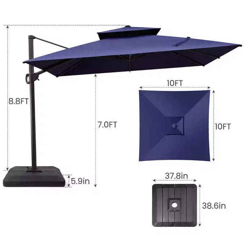 Parasol de terrasse déporté cantilever 360° à deux niveaux, de 3 mètres, avec base lestée