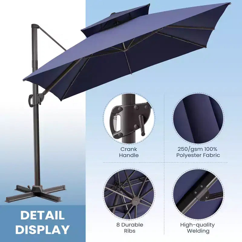 Parasol de terrasse déporté cantilever 360° à deux niveaux, de 3 mètres, avec base lestée