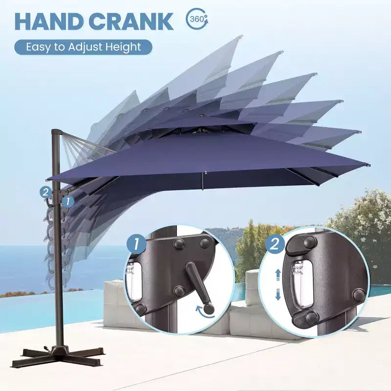 Parasol de terrasse déporté cantilever 360° à deux niveaux, de 3 mètres, avec base lestée