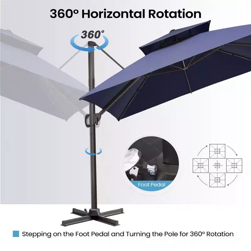 Parasol de terrasse déporté cantilever 360° à deux niveaux, de 3 mètres, avec base lestée