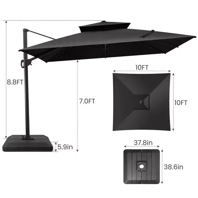 Parasol de terrasse déporté cantilever 360° à deux niveaux, de 3 mètres, avec base lestée