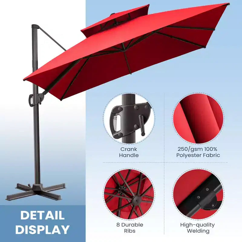 Parasol de terrasse déporté cantilever 360° à deux niveaux, de 3 mètres, avec base lestée