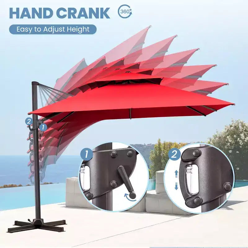 Parasol de terrasse déporté cantilever 360° à deux niveaux, de 3 mètres, avec base lestée