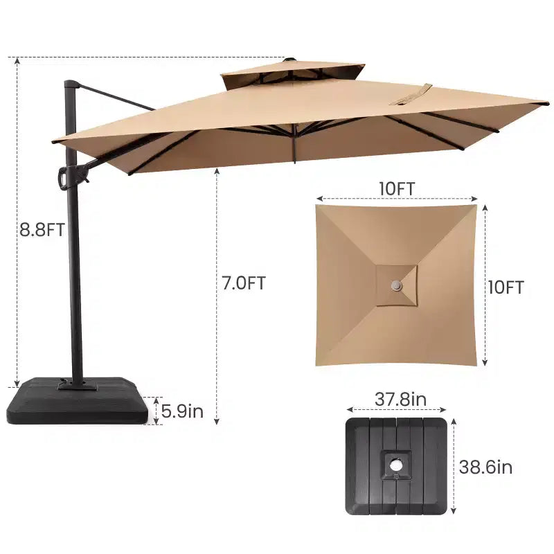 Parasol de terrasse déporté cantilever 360° à deux niveaux, de 3 mètres, avec base lestée