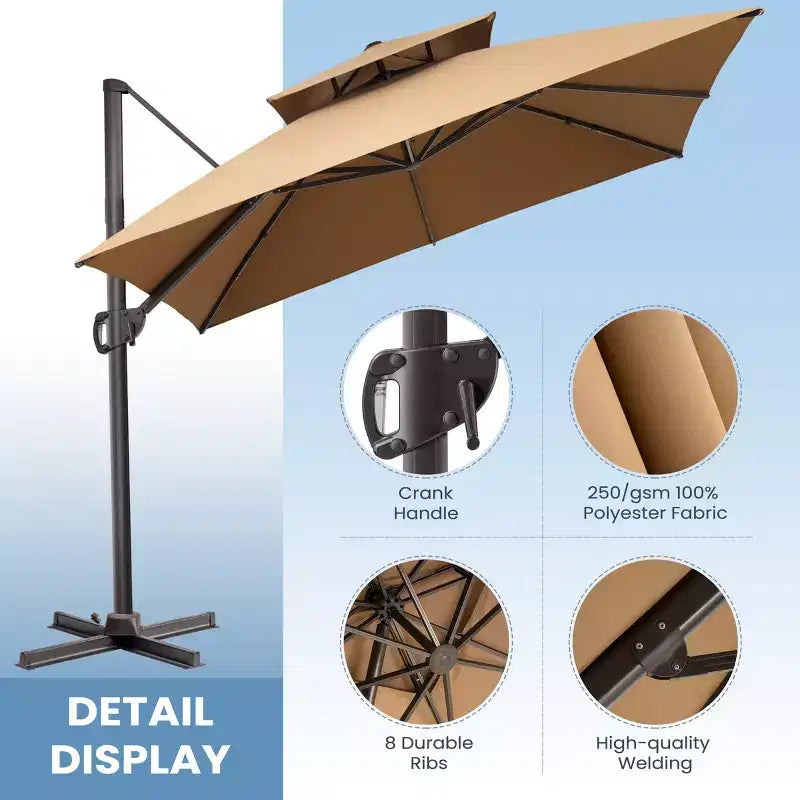 Parasol de terrasse déporté cantilever 360° à deux niveaux, de 3 mètres, avec base lestée