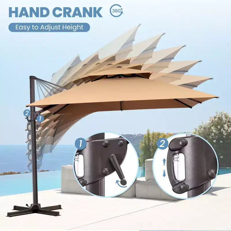 Parasol de terrasse déporté cantilever 360° à deux niveaux, de 3 mètres, avec base lestée