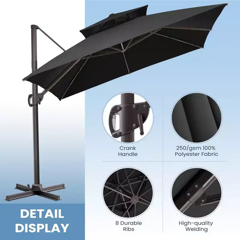 Parasol de terrasse déporté cantilever 360° à deux niveaux, de 3 mètres, avec base lestée